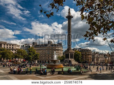 London, Uk - September 15, 2018: View Of The Trafalgar Square On A Sunny Afternoon In The Autumn.