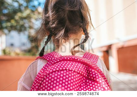 Closeup Rear View Portrait Of Cute Little Girl Preschooler Posing Outdoor With Pink Backpack Against
