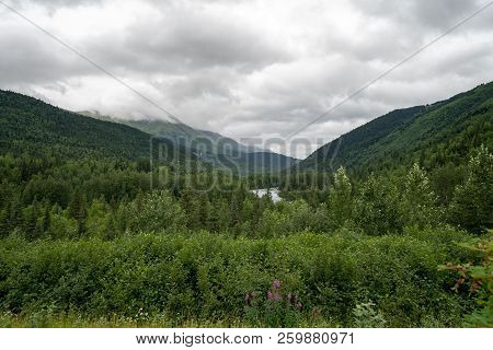 View Of The Remote, Heavily Forested Alaskan Wilderness From A Scenic Vista Point Along The Turnagai