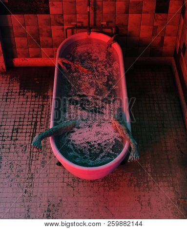 Corpse In Bathtub,horror Concept 3d Illustration For Book Illustration
