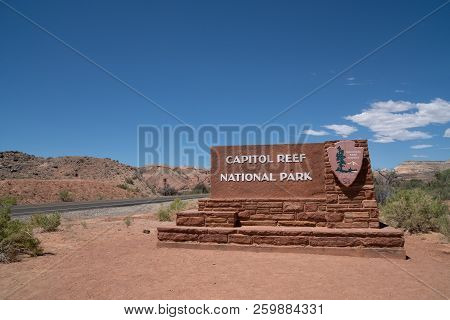 July 5 2018 - Fruita, Utah: Sign For Capitol Reef National Park In Utah On A Sunny Summer Day. No Pe