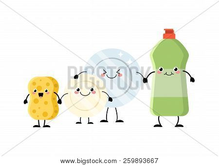 Cute Cartoon Sponge, Plates And Detergent Characters Vector Illu