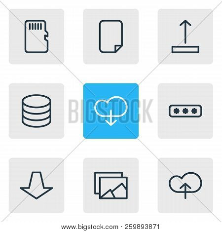 Illustration Of 9 Archive Icons Line Style. Editable Set Of Document, Pull, Database And Other Icon 