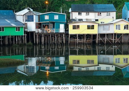 Traditional Stilt Houses Know As Palafitos In The City Of Castro At Chiloe Island In Southern Chile