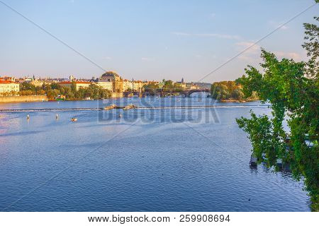View To Vitava River From Charles Bridge In Prague, Beautiful Summer Day