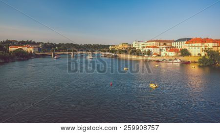 View To Vitava River From Charles Bridge In Prague, Beautiful Summer Day