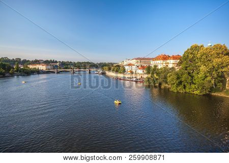 View To Vitava River From Charles Bridge In Prague, Beautiful Summer Day