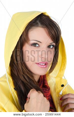 Beautiful young Woman wearing Regenjacke gelb, Studioaufnahme