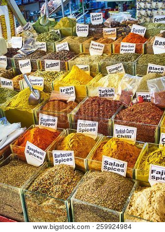 A Turkish spices stall in the Bodrum market, Kapali Pazar Yeri, at downtown. Mugla Province, Turkey.