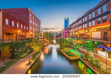 Oklahoma City, Oklahoma, USA cityscape in Bricktown at dusk.
