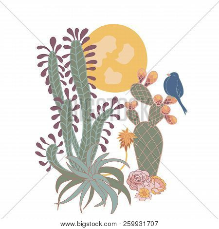 Sunsert Desert Cactus With Bird Placement Print