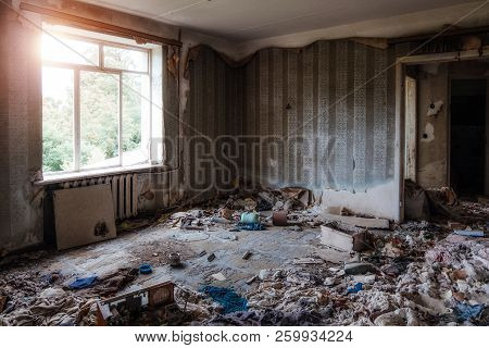 Interior Of Domestic Room Of Abandoned Forsaken Apartment House.