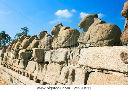  Nandi na kamenný plot, detail chrám Shore v Mamallapuram, Tamil Nadu, Indie