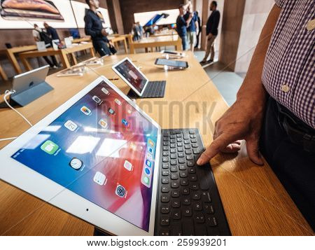 Strasbourg, France - Sep 21, 2018: Apple Store With Customers People Buying Admiring The New Latest 