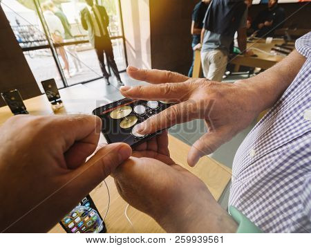 Strasbourg, France - Sep 21, 2018: Senior Man Using Garageband Music Creation App On The New Iphone 