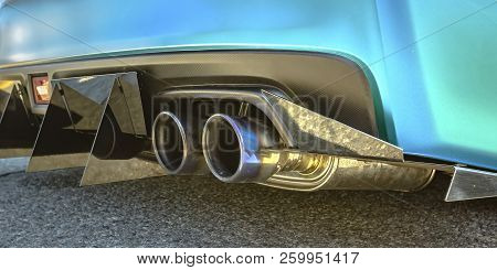 Blue Car With Dual Exhaust Pipe And Tail Spikes