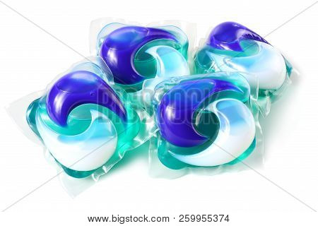 Washing Detergent Capsule Pods Isolated On White Background