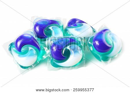Washing Detergent Capsule Pods Isolated On White Background