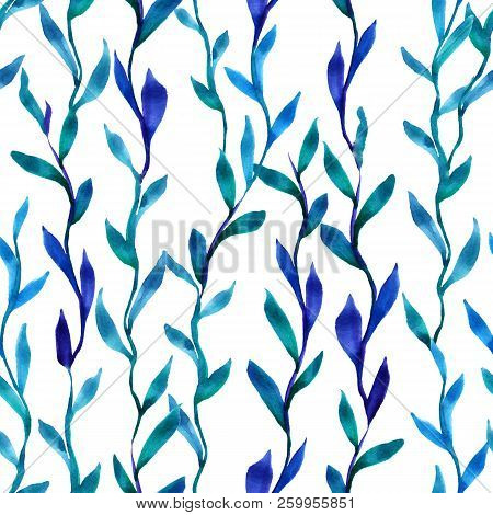 Simlpe Seamless Seaweed Pattern. Abstract Watercolor Free Hand Drawn Illustration For Wrapping, Back