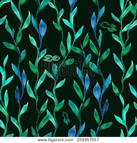 Simlpe Seamless Seaweed Pattern. Abstract Watercolor Free Hand Drawn Illustration For Wrapping, Back