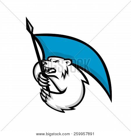 Mascot Icon Illustration Of An Angry Polar Bear Brandshing A Blue Flag Viewed From  Side On Isolated