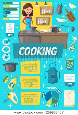 Cooking Infographics, Dishware And Woman In Apron Near Cooker. Household Chore Poster Kitchen Suppli