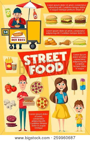 Street Food, Vendor Selling Fastfood. Pizza Delivery Service And Hot Dog, Snacks As French Fries And