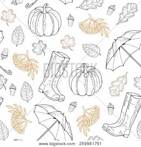 Seamless Pattern From Leaves, Rubber Boots, Umbrella, Mountain Ash, Pumpkin, Acorn On A White Backgr