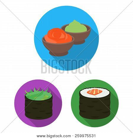 Sushi And Seasoning Flat Icons In Set Collection For Design. Seafood Food, Accessory Vector Symbol S