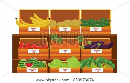 Shelves With Fresh Vegetable Assortment. Wooden Grocery Boxes. Illustrated Vector. Flat Color Design