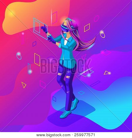 Isometric Girl Playing In A Virtual Game. The Teenagers Are Generation Z With Gadgets. Bright Hair C