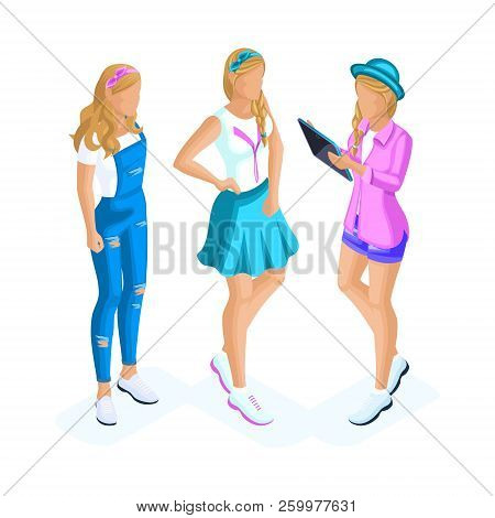 Isometrics Of Teenage Girls, Generation Z With Gadgets, Stylish Clothes, Cool Hairstyle, Hat, Access