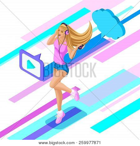 Isometric Teenage Girl Listens To Music Through Cloud Storage, Joy, Jump, Happiness, Hair Develops I