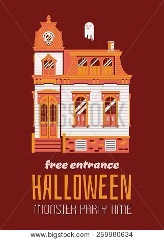 Halloween Night Party Invitation Card With Victorian Mansion And Ghost. Vintage Halloween Card Or Fl