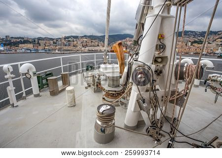 Genoa (genova), Italy June 23, 2017 - The Prow Of Board Of The Greenpeace Raimbow Worrior Boat, Anch