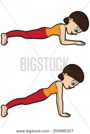 Illustration Cartoon Girl Doing Kumbhakasana - The Plank Pose