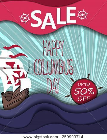 Happy Columbus Day Sale Background With Ship And Waves