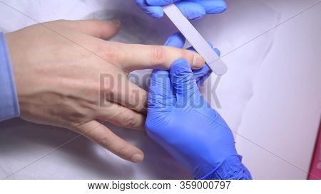 Close-up. Manicure. Deburring Scissors. Manicure Process For Men