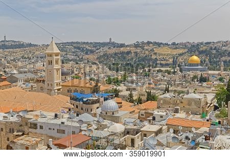Jerusalem, Israel - May 18, 2016: View Of The Lutheran Church Of The Redeemer And Dome Of The Rock I