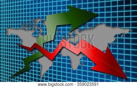 Arrows Pointing Up And Down On The World Map, 3d Rendering