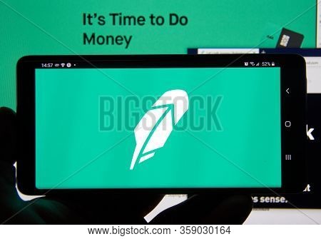 Montreal, Canada - March 08, 2020: Robinhood App And Logo On Screen. Robinhood Financial Services Co