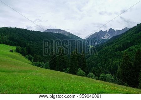 Summer View To Meadow And Mountain Range In Axamer Lizum Area, Tyrol, Austria