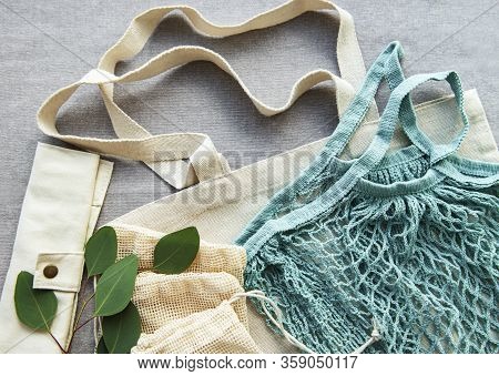 Cotton Bags, Net Bag With Reusable  Glass Jars And Bamboo Cutlery. Zero Waste Concept. Eco Friendly.