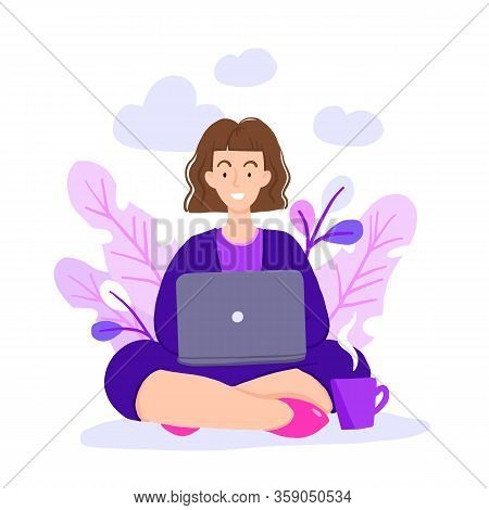 Vector Illustration Of Internet Assistant At Work. Manager For Remote Work. Freelancer Character Wor