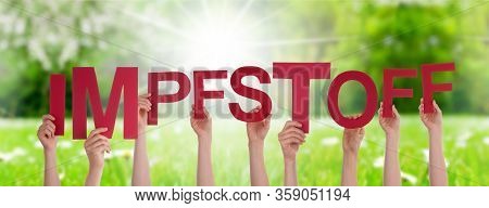 People Hands Holding Word Impfstoff Means Vaccine, Grass Meadow