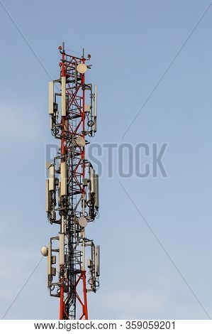 Communication Equipment For Digital Signal Transmission Is Installed On A Metal Tower