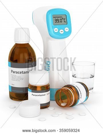3d Render Of Digital Infrared Thermometer And Paracetamol Over White Background. Concept Of Acetamin