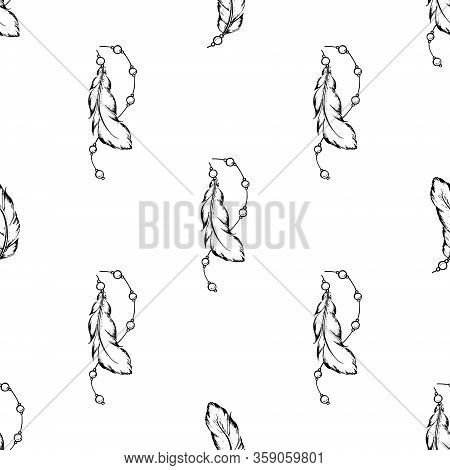 Seamless Pattern Of Feathers In Random Order. Hand Drawn Bird Plumes For Banner Design, Scrapbooking