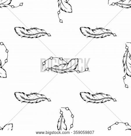 Seamless Pattern Of Feathers In Random Order. Hand Drawn Bird Plumes For Banner Design, Scrapbooking