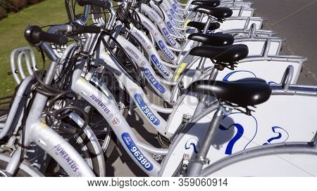 Warsaw, Poland. 1 April 2020.  Rental Bikes Standing At The Station Of Urban Public Bike System In W